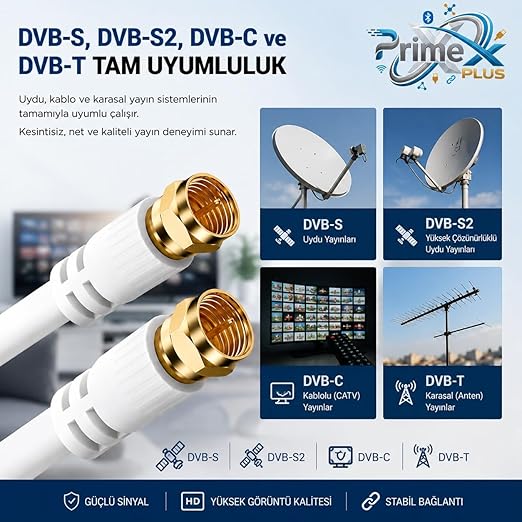 PX-TV2 2Metre RG6 Full HD TV Uydu Kablosu, Altın uç Anten Kablosu, DVB-T, DVB-C, DVB-S, DVB-S2 Beyaz - Görsel 4