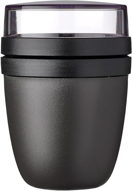 Taşınabilir müsli kabı, pratik yoğurt kabı, yoğurt ve müsli için bölmeler, derin dondurucu, mikrodalga fırın ve bulaşık makinesi için uygundur, 500 ml + 200 ml, Nordic Black