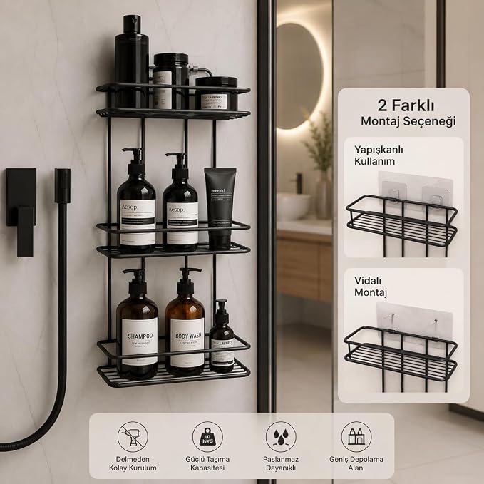 Banyo 3 Katlı Siyah Düz Banyo Rafı, Yapışkanlı ve Vidalı Montajlı Duş Rafı, Şampuanlık ve Banyo Düzenleyici Raf - Görsel 4