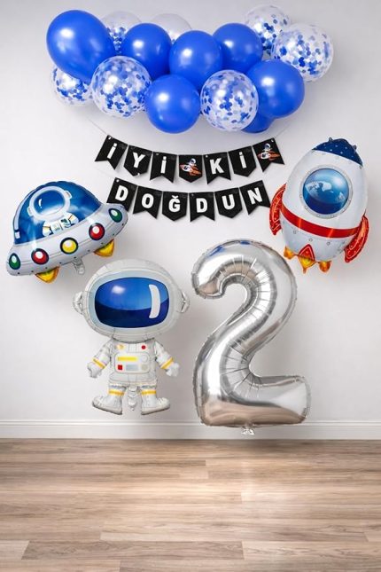 Gitti Uzay Konsepti Doğum Günü Parti Kutlama Seti; Astronot, Ufo Ve Uzay Gemisi Folyo Balon Set (2)