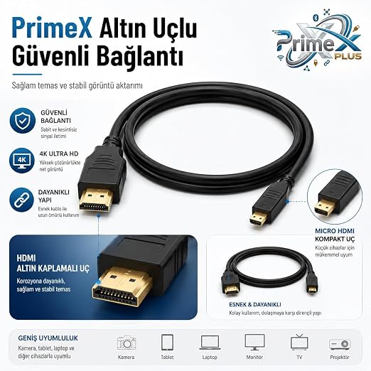 PX-1121 Micro HDMI to HDMI Kablo, 1.5 Metre 1080P Full HD Hdmi Görüntü ve Ses Aktarım Kablosu, Micro Hdmi Type-D Kamera Tablet Mini Laptop Raspberry Pi TV Monitör Projeksiyon Bağlantı Kablosu - Görsel 2