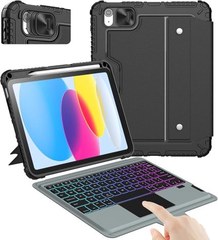 iPad 11. Nesil (A16)/10. Nesil Klavyeli Kılıf 10.9 inç, Kalem Tutucu, 7 Renkli Arkadan Aydınlatmalı, Sihirli İzleme Dörtgeni, Ayarlanabilir Stand, iPad 11./10. Nesil (2025/2022) için