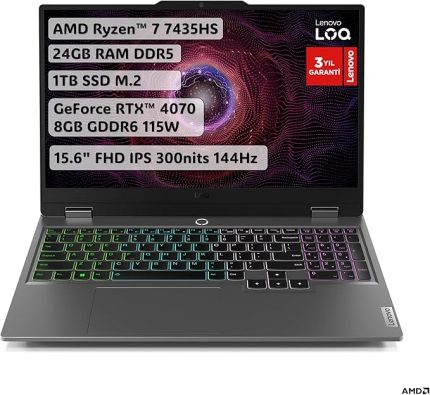 LOQ 15ARP9 | Ryzen 7 7435HS | 24 GB RAM DDR5 | 1 TB SSD | RTX4070 8GB GDDR6 115W | 15.6" FHD (1920x1080) IPS 300nits Anti-glare, 100% sRGB, 144Hz, G-SYNC® | Gaming Laptop | 83JC00F6TR