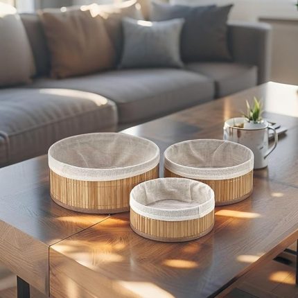 Bambu Çok Amaçlı Saklama Kutusu 3'lü Set, Düzenleyici Derin Boy Organizer, Dekoratif Bambu Düzenleyici 3 Boy Doğal Renk (Yuvarlak)