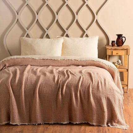 Pike Çift Kişilik, 100% Pamuk 4 Katlı Kaliteli Müslin Yatak Örtüsü, Dekoratif Şık Yumuşak Hafif Yazlık Pike (Bej, Çift Kişilik 220x240 cm)
