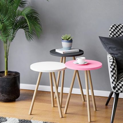 Üçlü Zigon Sehpa Ahşap Ayaklı Yuvarlak Pastel Tasarım (Pembe,Beyaz,Gri)