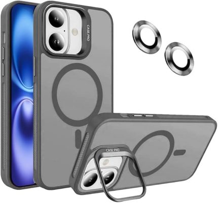 iPhone 16 için Kılıf Kamera Korumalı Magsafe Wireless Şarj Özellikli Lens Hediyeli Mat Şeffaf Renkli Standlı Kılıf (GRİ)