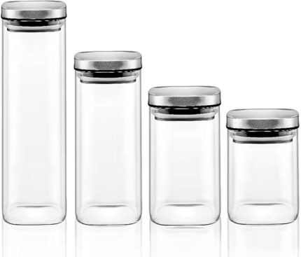 Home 2'li Vakum Kapaklı Borosilikat Cam Saklama Kabı Seti – Mini Boy, Hava Geçirmez, Gıda Saklama İçin İdeal-Baharat,Kahve,Şeker-Mini Baharatlık (Metal Kare, 250 ML)