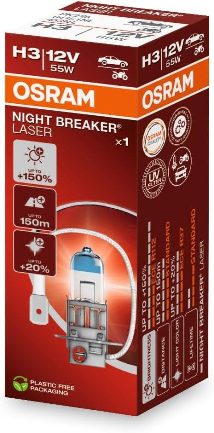 Ampul Night Breaker Laser H3 12V 55W%150'ye kadar Fazla Işık 150M'ye kadar Fazla Görüş Açısı,%20'ye kadar Beyaz Işık 64151NL | Şunlarla uyumludur: ABARTH 500/595/695, 500C / 595C / 695C, ALFA ROMEO 145, 146, 147, 155, 164, 166, 33, 33 Sportwagon