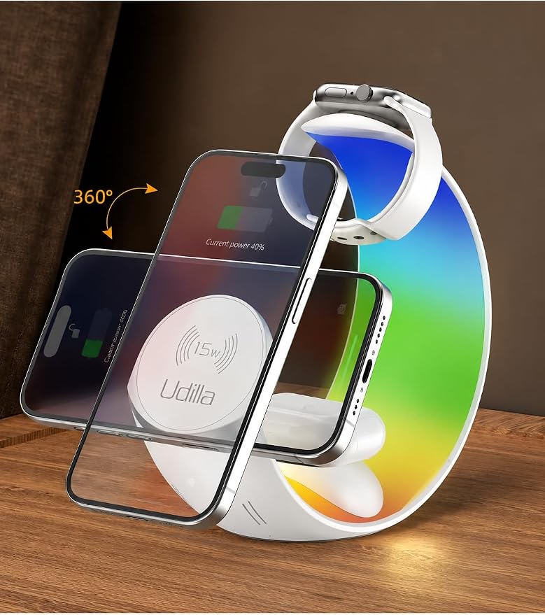 1 Arada 15W Kablosuz Hızlı Şarj Standı Gece Aydınlatmalı iPhone ile Uyumlu-Watch ile Uyumlu-Airpods ile Uyumlu (Beyaz-RGB Aydınlatma) - Görsel 2