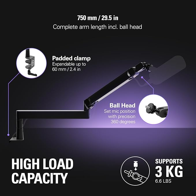Wave Mic Arm Pro – 360° dönebilen mikrofon kolu, düşük profilli ve gazlı yaylı, mikrofonlar/Shure SM7B/HyperX QuadCast/Rode/Blue Yeti ve daha fazlası ile uyumlu – Yayın/Podcasting için | 3 kg'a kadar taşıyabilir, sessiz gazlı yay ayarı, gizli kablo kanalları, dolgulu kelepçe - Görsel 4