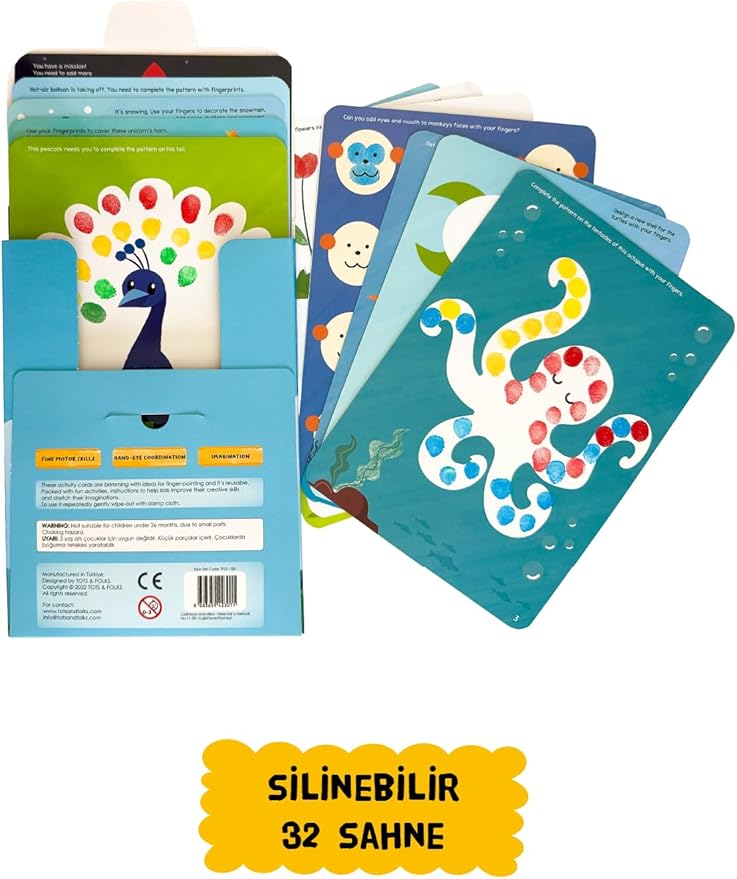 & FOLKS Silinebilir Parmak Boyası Aktivite Kartları - Wipe Clean Finger Paint Activity Cards - Fingerprint Activities - 16 Kart 32 Aktivite, Yeniden Kullanılabilir, 3 Yaş ve Üzeri - Görsel 5