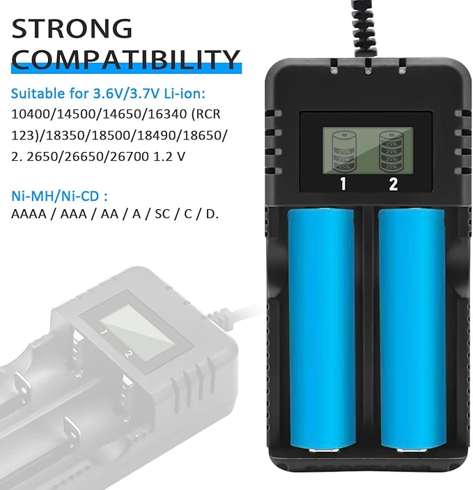 Şarj Cihazı LCD Ekran Lityum İyon Pil Şarj Cihazı Akıllı Hızlı Şarj 2 Yuvalı Kafa Çok Sayıda 3,7 V 26650/18650/14500/16340 Lityum İyon Piller ile Uyumlu (Small) - Görsel 4