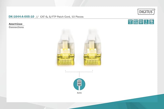 DK-1644-A-005 Professional Yüksek Kaliteli Cat 6 S/Ftp Ara Bağlantı Kablosu | 10 Gbit/s – PoE++ – AWG 27/7 – LSZH – RJ45 ağ kablosu – Cat 6 ve Cat 7 uyumlu - Görsel 2