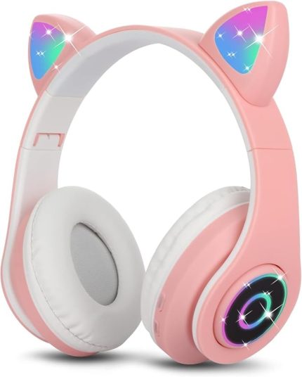 Çocuk Kulaklık, Kız Çocukları Bluetooth Kulak Üstü Sevimli Kedi Kulaklı Çocuk Kulaklığı LED Işıklı, Katlanabilir Kablosuz Çocuk Kulaklık Erkek Yetişkinler İçin Okul/Tablet/PC/Telefon