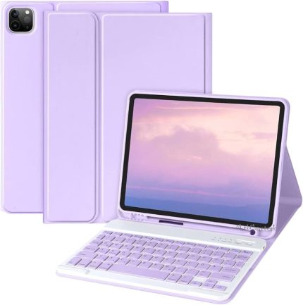 moveteck Pro 3.4.5.6. Nesil 12.9 inç Uyumlu Klavyeli Kılıf Kalem Bölmeli Bluetooth Kablosuz Klavye 2022, Lavander, Tek Ebat, klavyelikılıf-12.9-lavander