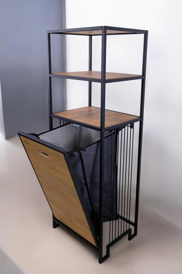 Metal Kirli Sepetli 3 Raflı Çok Amaçlı Banyo Düzenleyici Raf Organizer Siyah/Atlantik Çam – MRS-008 C1-1-369 - Görsel 4