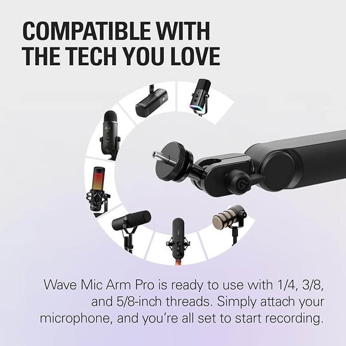 Wave Mic Arm Pro – 360° dönebilen mikrofon kolu, düşük profilli ve gazlı yaylı, mikrofonlar/Shure SM7B/HyperX QuadCast/Rode/Blue Yeti ve daha fazlası ile uyumlu – Yayın/Podcasting için | 3 kg'a kadar taşıyabilir, sessiz gazlı yay ayarı, gizli kablo kanalları, dolgulu kelepçe - Görsel 3