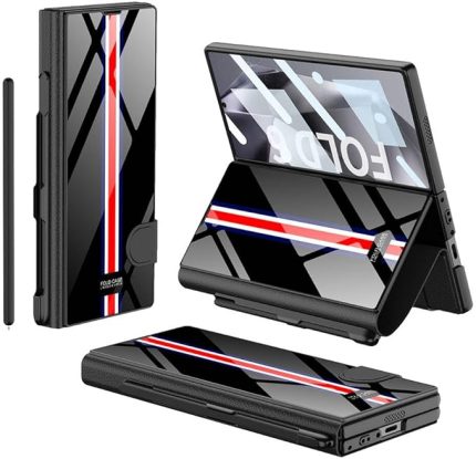 Samsung Galaxy Z Fold 6 ile Uyumlu Kılıfı Kartlıklı Kamera Lens Korumalı Kalem Bölmeli Suni Deri Standlı İnce Kapak Çizgili Drago Kıpta Siyah