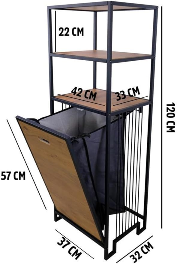 Metal Kirli Sepetli 3 Raflı Çok Amaçlı Banyo Düzenleyici Raf Organizer Siyah/Atlantik Çam – MRS-008 C1-1-369 - Görsel 2