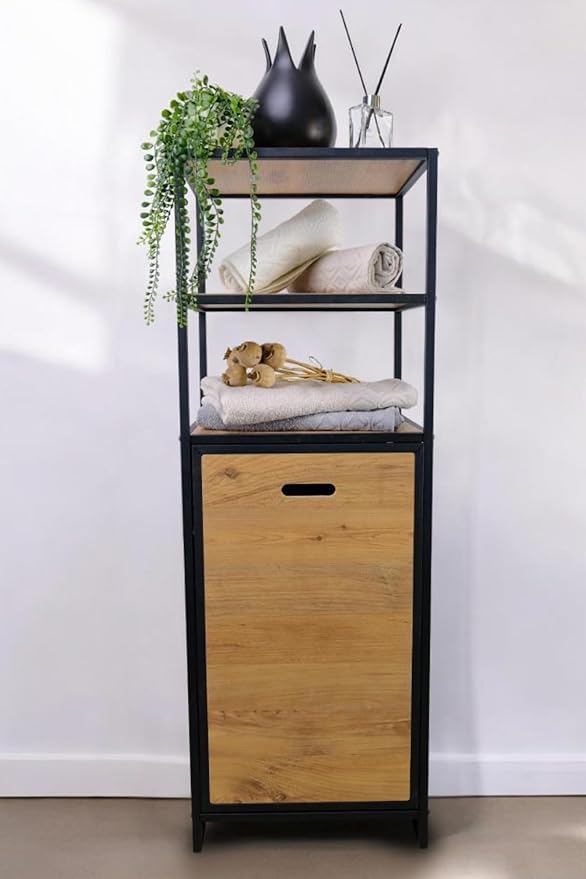 Metal Kirli Sepetli 3 Raflı Çok Amaçlı Banyo Düzenleyici Raf Organizer Siyah/Atlantik Çam – MRS-008 C1-1-369 - Görsel 3