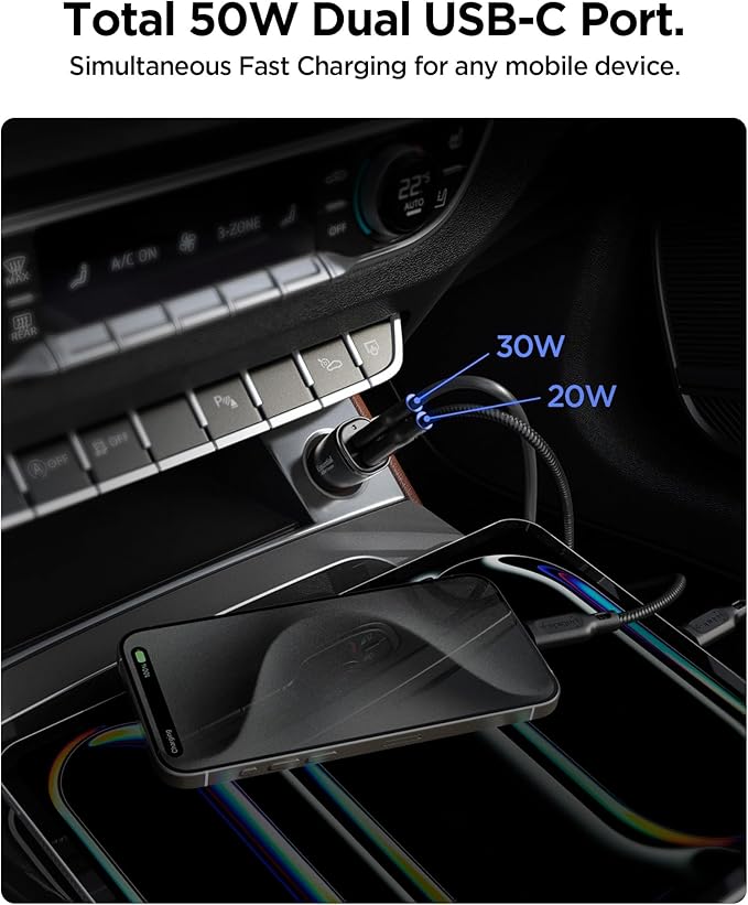 50W USB-C 2 Port Araç içi Hızlı Şarj Aleti PPS Desteği Akım Korumalı Güç Adaptörü Çakmaklık iPhone & Android & iPad & MacBook Type-C PD 3.0 30W + 20W EV502 - ACP08523 (Spigen TR Garantili) - Görsel 3