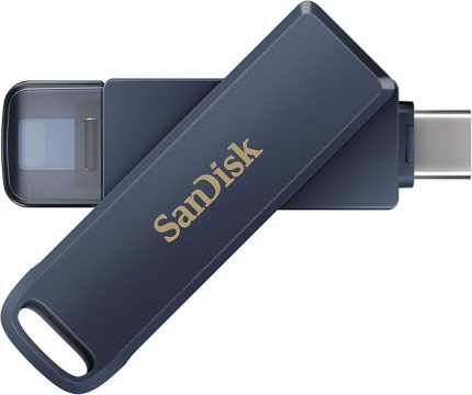 Phone Drive, Flash Sürücü 2'si 1 arada, iPhone Bellek 64 GB (iPhone, iPad, PC ve Mac için, Otomatik Yedekleme, Lightning ve USB Type-C Bağlantısı, Şifreleme) Metalik Sky