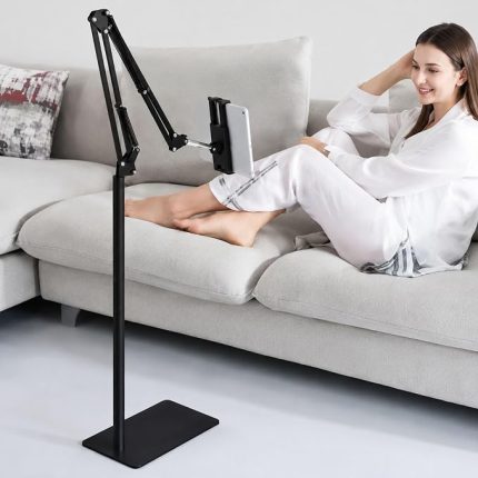 iPad Uyumlu Tablet Tutucu Döner Başlıklı Dirsekli Metal Ayarlanabilir Zemin Standı, Tablet Zemin Standı Siyah Geniş Uyumluluk Ellerinizi Ev İçin Serbest Bırakın 130cm Siyah Renk 307-Black