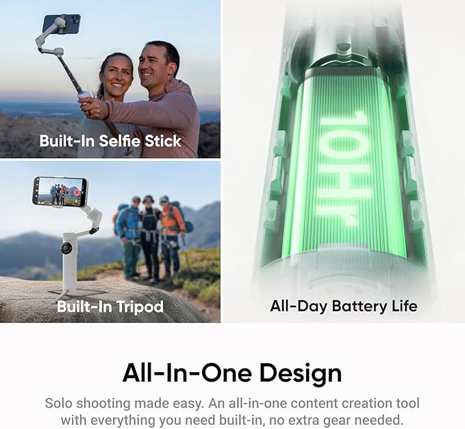 Flow 2 Plus Beyaz Yapay Zeka İzleyici Paketi - iPhone Android için Akıllı Telefon Sabitleyici, Yapay Zeka ve Grup İzleme, Dahili Tripod ve Selfie Çubuklu Gimbal, Vlog Seyahat için Hafif ve - Görsel 3
