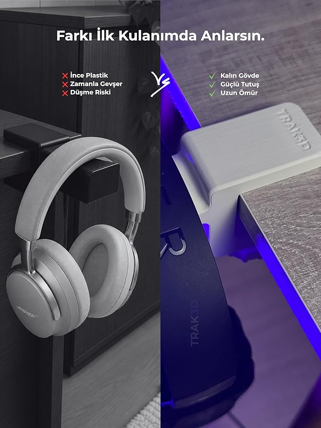 Beyaz Masa Kenarı Kulaklık Standı – Polardock Edition V6 (Yeni Versiyon) | Kaydırmaz Keçeli, Ergonomik ve Güçlendirilmiş - Görsel 5