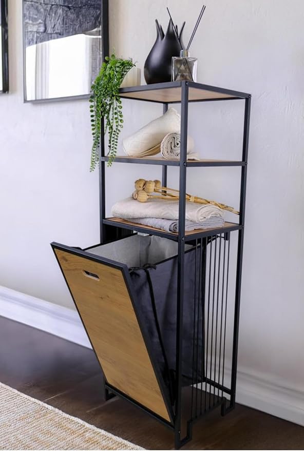 Metal Kirli Sepetli 3 Raflı Çok Amaçlı Banyo Düzenleyici Raf Organizer Siyah/Atlantik Çam – MRS-008 C1-1-369