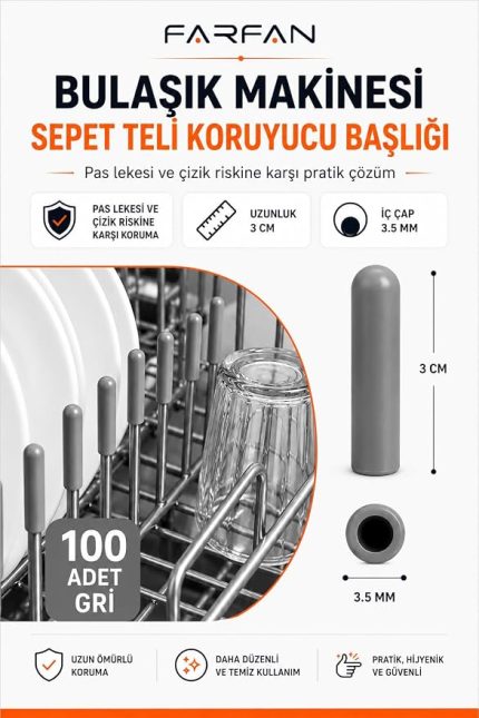 100 Adet Gri - Bulaşık Makinesi Sepet Ucu Plastik Kapak - Pas ve Çizilme Önleyici Koruyucu - Tamir Seti