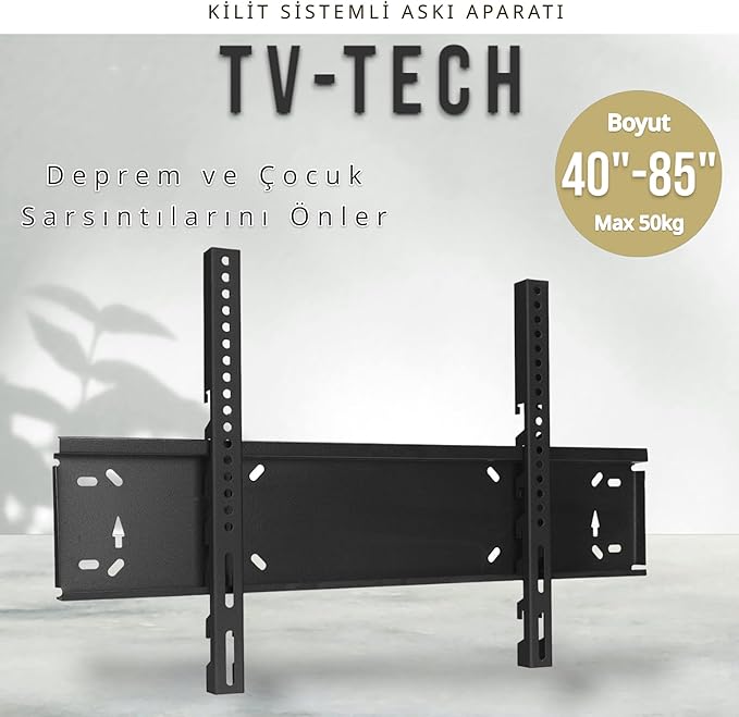 TV-4085 Televizyon Duvar Askı Aparatı, 40"-85" inç (102-216cm) VESA 400x400-600x400-600x500-700x500 max 50kg/110LBS-Kilitli Sistem-Sarsılmaz-Depreme karşı-Çocuk kilitli - Kavisli/Curved - Görsel 2