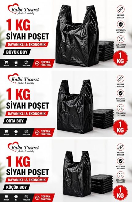 Kalın Poşet 3'lü Set (Küçük, Orta, Büyük) 3 Kg Market Manav Poşeti Hışır Atlet Poşet Çöp Poşeti