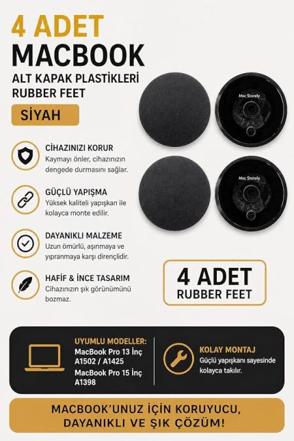 MacBook Pro A1425 A1502 A1398 uyumlu alt kapak rubber feet 4 adet kauçuk ayak seti kaydırmaz yüzey kolay montaj titreşim önleyici uzun ömürlü yedek parça Siyah