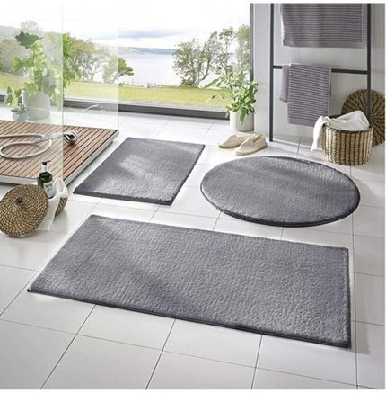 Carpet 3'lü Banyo Halısı Peluş Post Halı Klozet Takımı Açık Gri 50x90/50x60/50x50 (Yuvarlak)