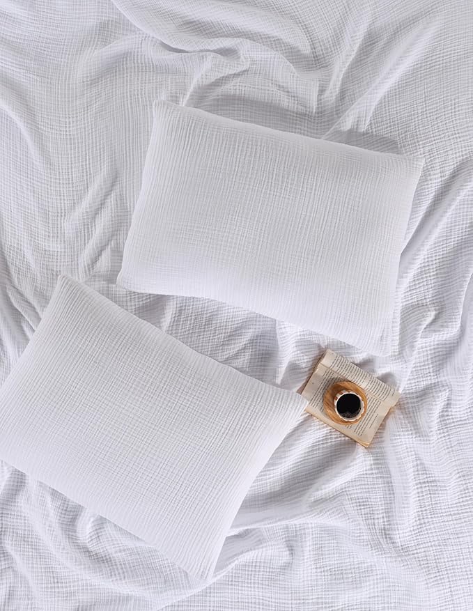 Yastık Kılıfı 2 Adet Set, 50x70 cm 100% Pamuk Yumuşak Nefes Alabilir Kapaklı 4 Katlı Muslin Kumaş Düz Renk Yastık Kılıfları (Beyaz, 50x70 cm (2 Adet)) - Görsel 2