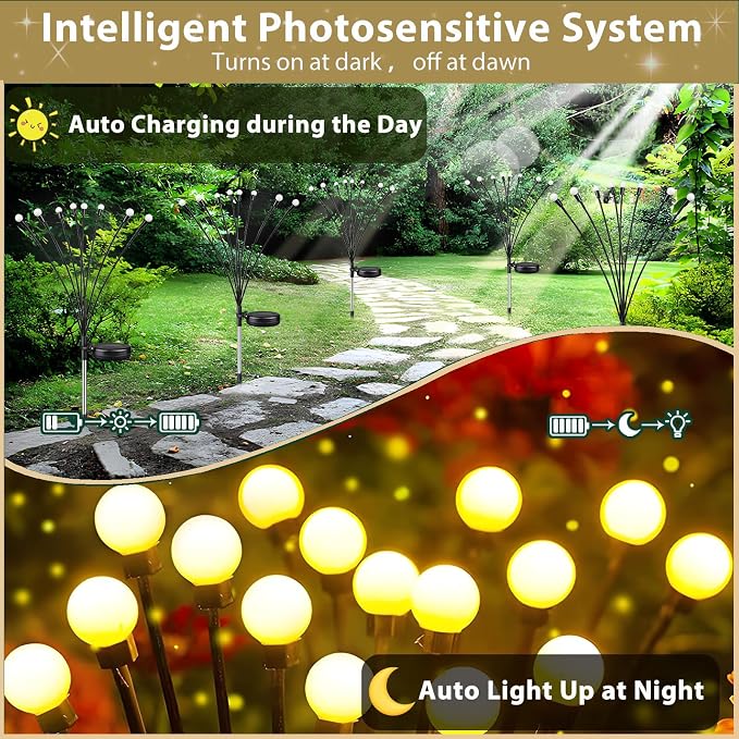 Ateşböceği Işıkları, 4'lü Paket 40 LED Solar Bahçe Işıkları, Güneş Enerjili Sallanan Bahçe Lambaları IP65 Su Geçirmez, Dış Mekan Gümrükleme için Güneş Işıkları Yard Peyzaj Yolu Veranda - Görsel 2