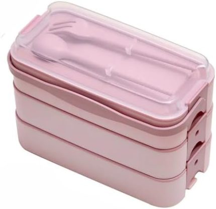 Home 1260 ml 3 Katlı 6 Bölmeli BPA'sız PP Plastik Sefer Taşıma ve Beslenme Çantası, Kilitli Bento Lunch Box, Mikrodalgaya Uygun, Çatal ve Kaşık Dahil (Pembe)