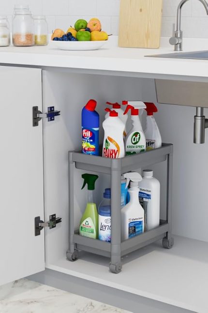 Life 2 Katlı Tekerlekli Tezgah Altı Gri Banyo Mutfak Rafı MIT1123
