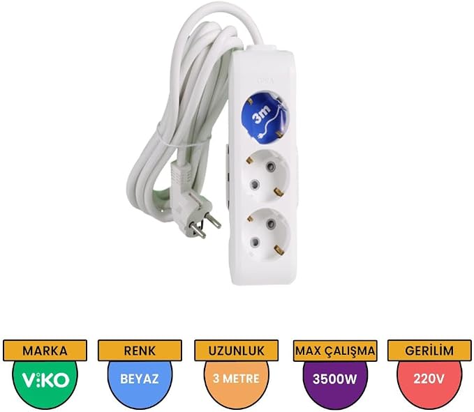 Multi-Let 3lü Topraklı Kablolu Ç.K 3mt Priz, Beyaz