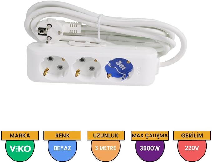 Multi-Let 3lü Topraklı Kablolu Ç.K 3mt Priz, Beyaz - Görsel 2