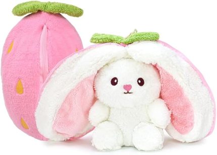 Oyuncak Pelüş Çilek Tavşan,Fermuarlı Meyve Çantasında Nakışlı,40 cm,Pembe, Kırmızı, Karpuz, Ananas, Havuç Model Seçenekleri,Paskalya,Çilek Tavşan (Pembeçilek)