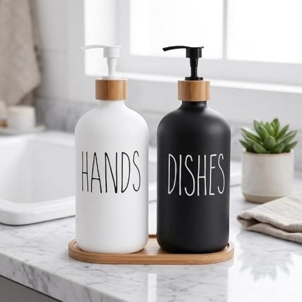2'li Lüx Cam Sıvı Sabunluk, Mutfak ve Banyo İçin Modern Cam Sıvı Sabunluk, Doldurulabilir ve Pompalı Trend Desenli (SİYAH)