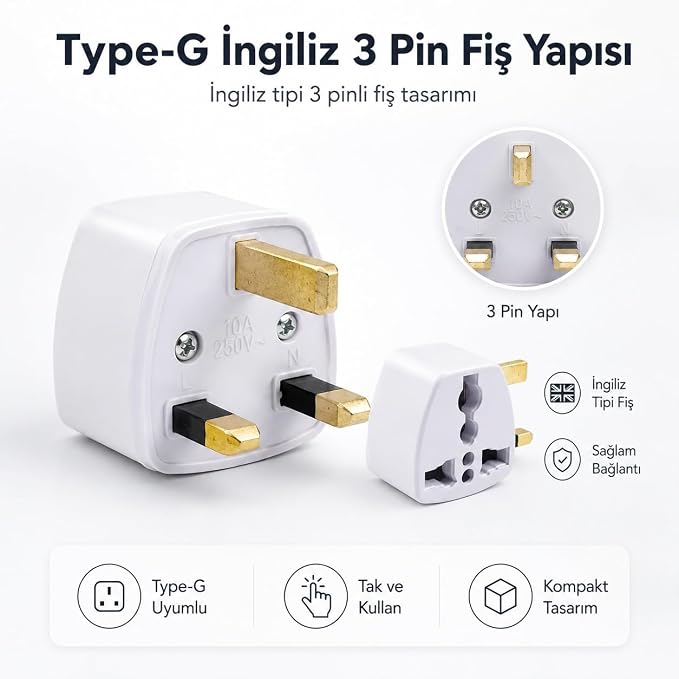 PX-420 Türk Prizini İngiliz Prize Çevirici Adaptör, 250V Type-G UK Priz Dönüştürücü, Hac Umre ve Seyahat İçin İngiliz Tipi Priz Çevirici, Beyaz - Görsel 2