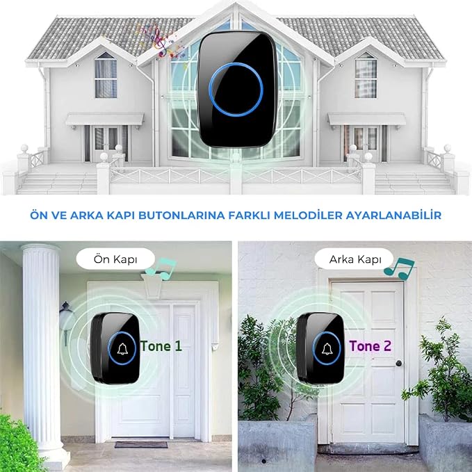 Kapı Zili 2 Buton 1 Alıcı Led Işıklı 300 Metre Mesafe 60 Melodi Ev Ofis Depo - Görsel 4