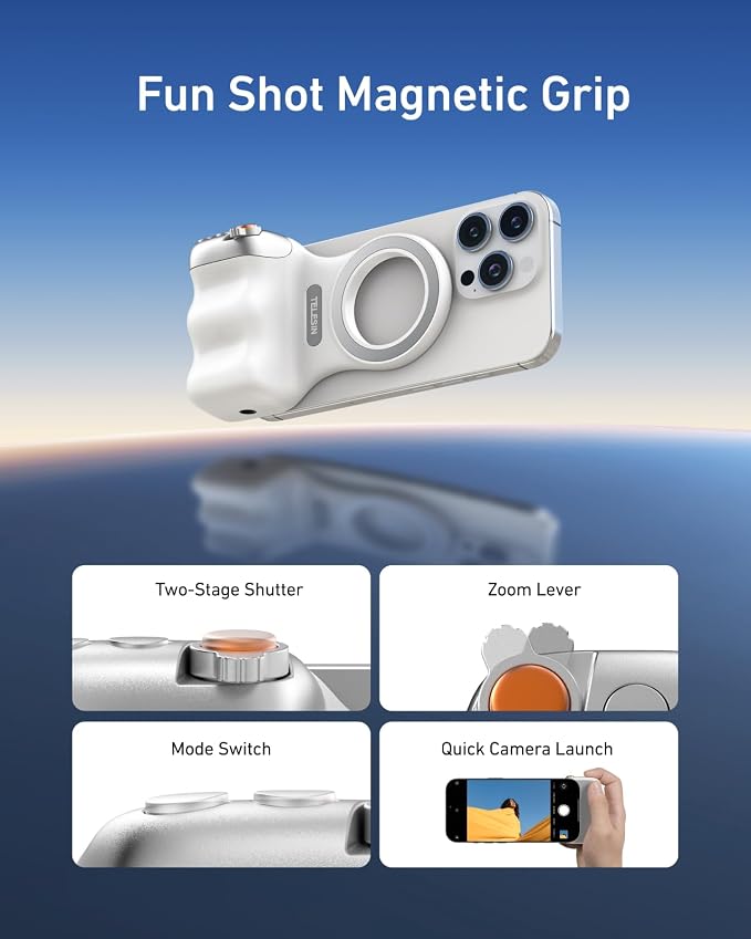 Fun Shot Manyetik Telefon Kamera Kavrama iPhone ve Android için Çıkarılabilir Kablosuz Deklanşör Uzaktan Kumanda, 1/4" Tripod Vida, Konforlu Ergonomik Kamera Kavrama Kolu Tutucu - Görsel 3