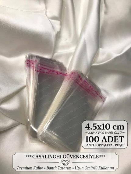 CM (KAPAK PAYI DAHİL) Kendinden Yapışkanlı Jelatin Poşet Bantlı Şeffaf Opp Torba Paket 100lü