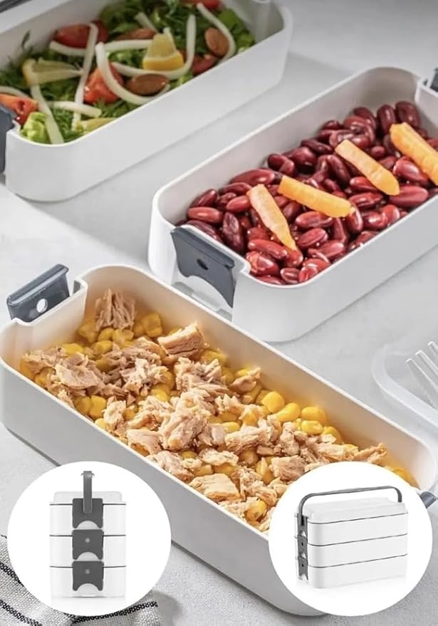 Home 1260 ml 3 Katlı 6 Bölmeli BPA'sız PP Plastik Sefer Taşıma ve Beslenme Çantası, Kilitli Bento Lunch Box, Mikrodalgaya Uygun, Çatal ve Kaşık Dahil (Pembe) - Görsel 4