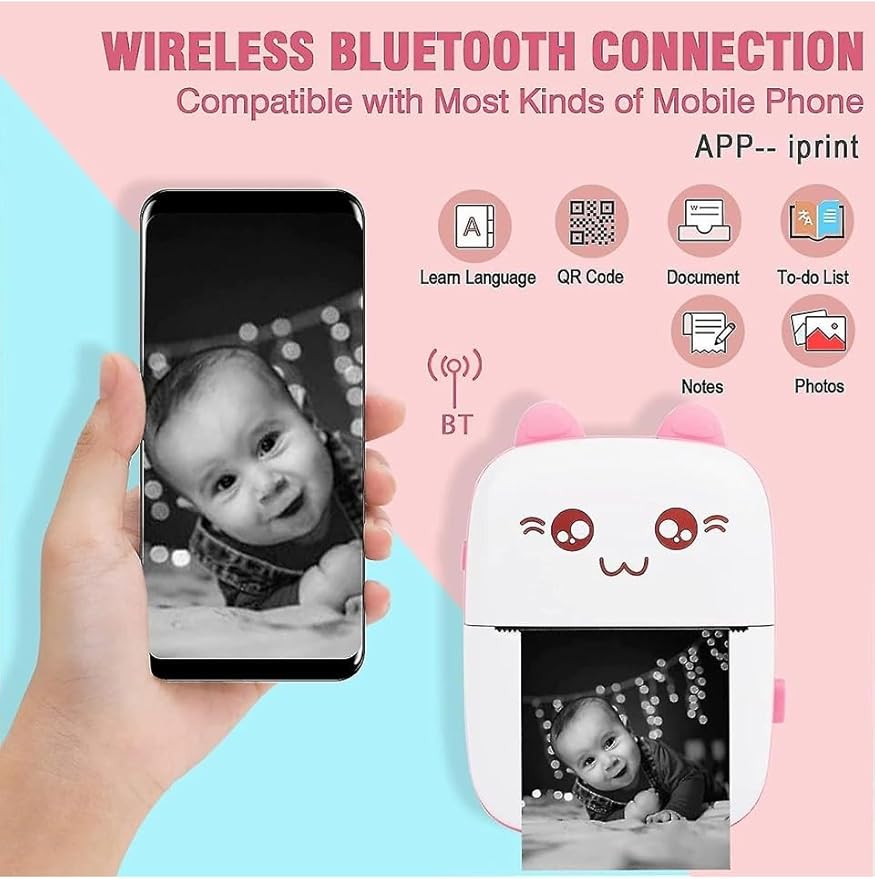 Yazıcı Taşınabilir,Mobil Fotoğraf Yazıcısı,Taşınabilir Mini Fotoğraf Yazıcısı,Kablosuz Fotoğraf Yazıcısı, Termal Yazıcı, Akıllı Telefon Bluetooth Yazıcı (Pembe) - Görsel 2